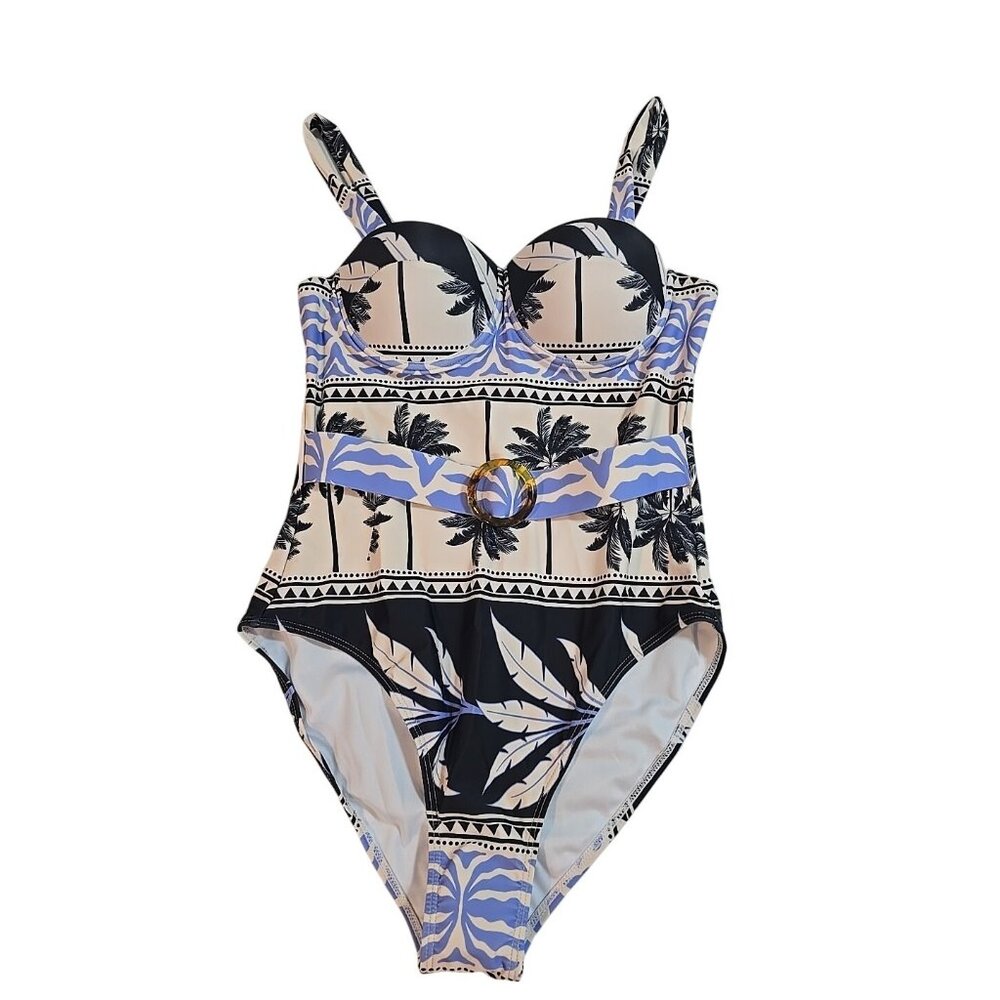 TFY Collection One piece swimsuit belted‎ front molded cups Size L New